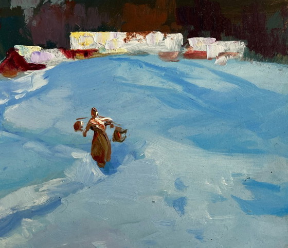 Image 1 of Original Oil Painting Winter Village Landscape Along the snowy paths