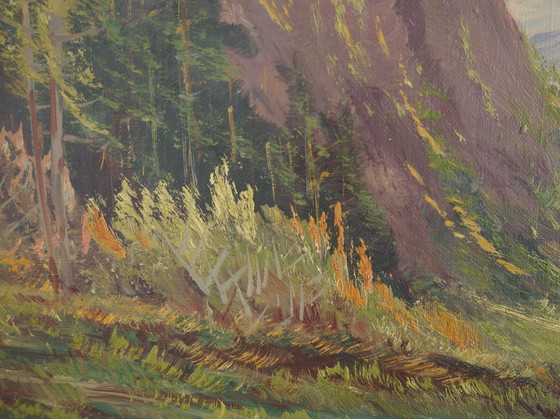 Image 1 of Peinture "Le chalet au bord d'un ruisseau", design scandinave, années 1970