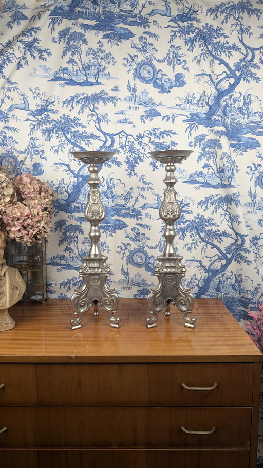 Pair of Pique Cierges in Pewter with Rocaille decoration, Louis XV style, 19th century