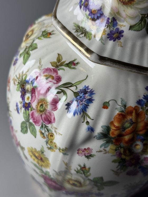 Image 1 of Pot à couvercle Boch Frères La Louvière Keralux – Motif floral « Bouquet de Saxe » – Art déco belge, années 1930/1940