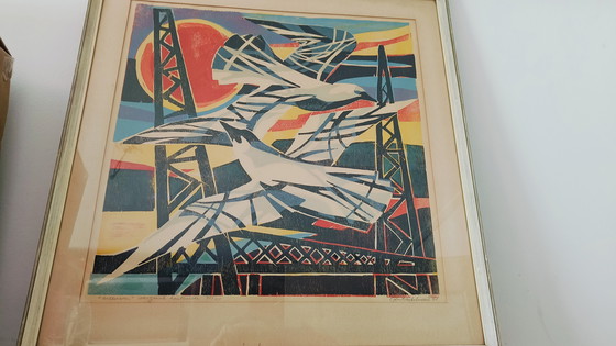Image 1 of La société Kleurrijk Industriële Vormgeving Houtdruk Gesigneerd 1961 'Meeuwen' (en anglais)