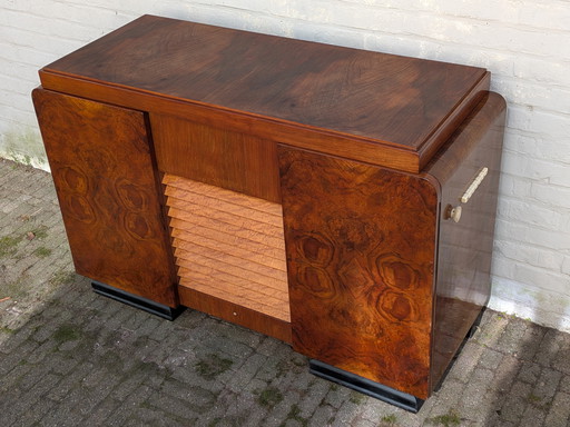 Exquisite 1940s Art Deco Burr Walnut Cabinet – Versatile Drinks/Media Unit
