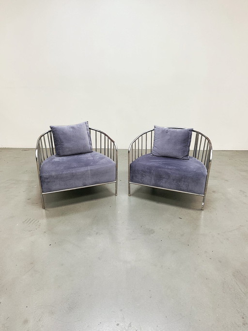 Poltrona lounge vintage in metallo con struttura a corde, design moderno, stile Space Age.