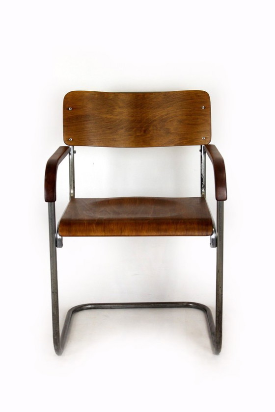 Image 1 of Sedia a sbalzo Bauhaus B34 restaurata, in compensato e cromo, disegnata da Marcel Breuer, primi anni '30.