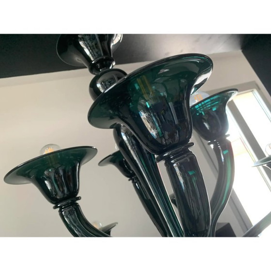 Image 1 of Lampadario in vetro verde bottiglia traslucido, stile Murano contemporaneo