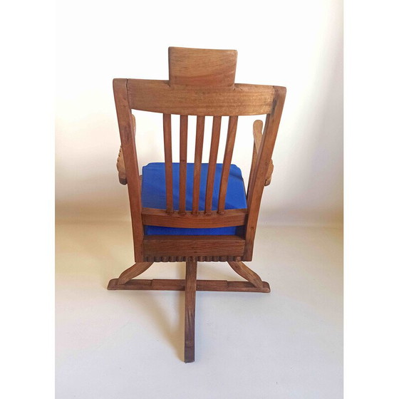 Image 1 of Vintage barber chair in solid teak and blue fabric, 1930