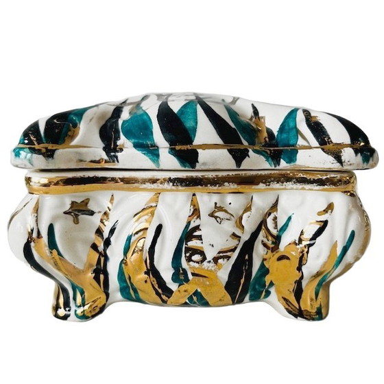 Image 1 of Vintage bonbonnière turquoise deer gold porcelain 1960's