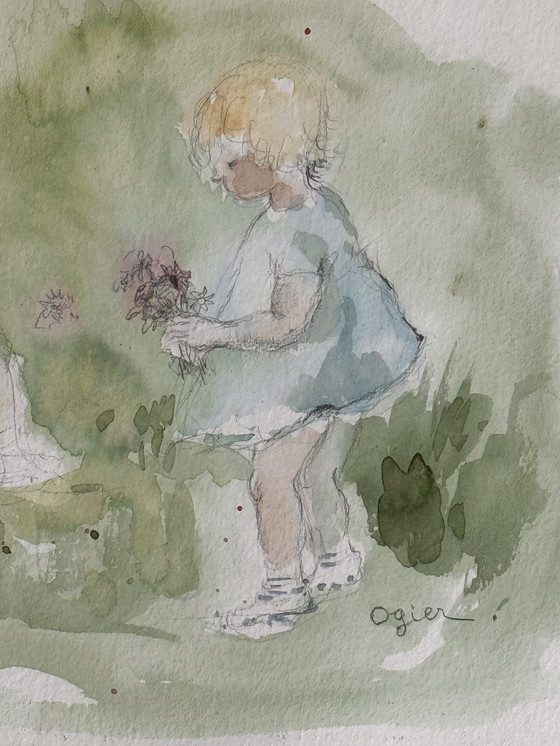 Image 1 of Marie Louise Ogier - Magnifico acquerello "due bambini che raccolgono fiori" circa 1980