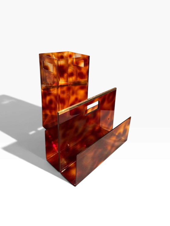Portariviste e portaombrelli in Plexiglas tartarugato e ottone 1970 – Michel Dumas (photo 2 of 12)