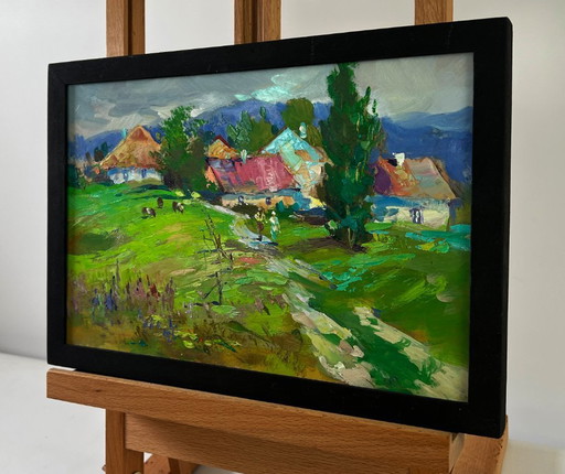 Original Oil Painting Summer Village Landscape Path Leading To A Rural Field