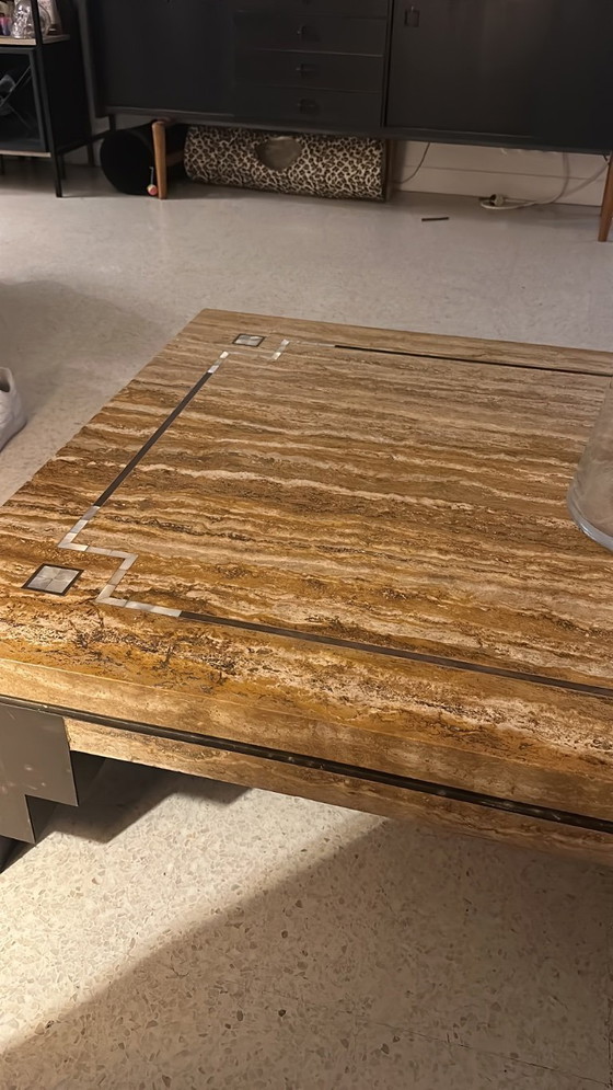 Image 1 of Travertine coffee table with mother-of-pearl inlays