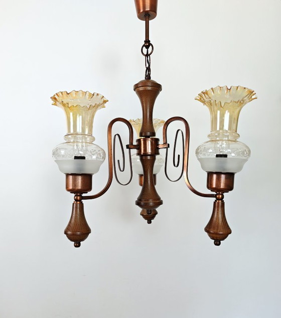 Image 1 of Vintage Amber Glass Chandelier / 1970s Yugoslavia Pendant Light / Mid Century Modern Ceiling Lamp / Wood & Copper Lighting 