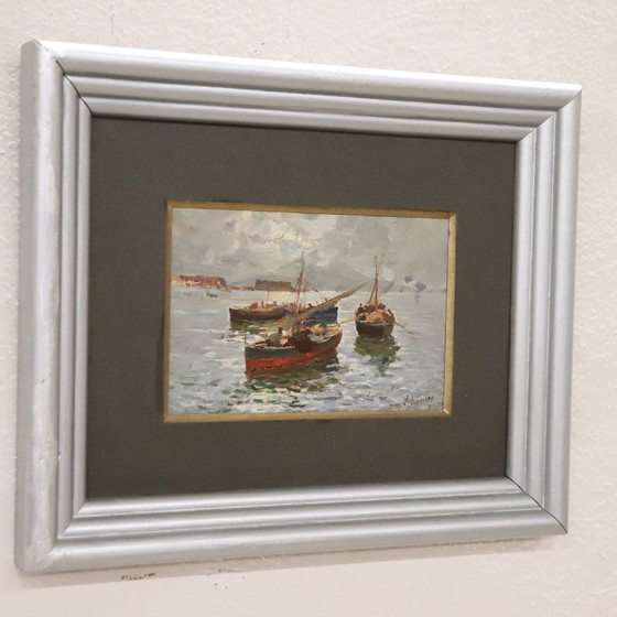 Image 1 of Gulf of Naples with Fishermen Signed R. Leone, Oil Painting on Board, Italy Early 20th Century