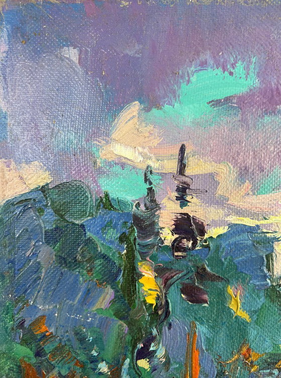Image 1 of Peinture à l'huile originale, paysage d'été, rosée du matin argentée