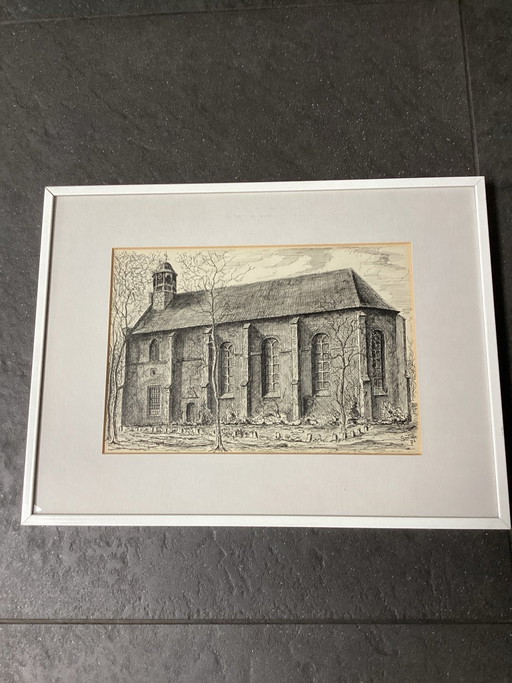 Dibujo a pluma único Sint Catharinakerk Begijnhof Hasselt (1976) - G.Walraet.