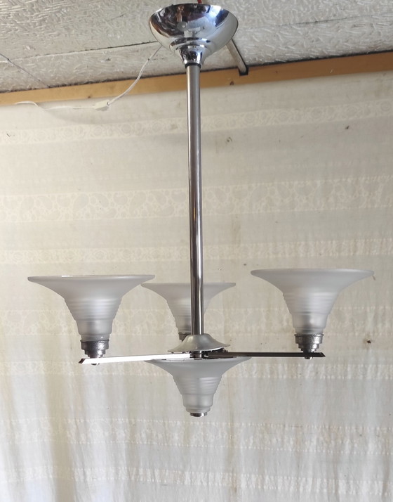 Image 1 of Art Deco kroonluchter met 4 lampen, gemaakt van metaal en glas - jaren 1930/40