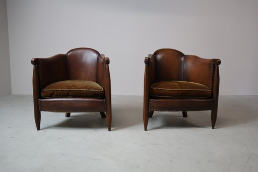 Pair of Authentic De Coene Art Deco Club Chairs in Leather and Oak, Circa 1920