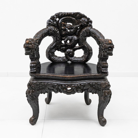 Image 1 of Pair of Chinese Qing Dynasty Carved Dragon Armchairs, Ebonized Hardwood, 19th