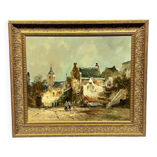 P. van Dinteren "Ciudad Vieja". Óleo sobre tabla de madera. – schilderijen tekeningen, Wood