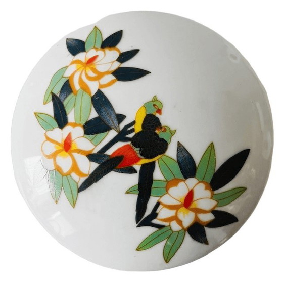 Image 1 of Vintage Oriental jewelry box porcelain flowers & parrots 1970s