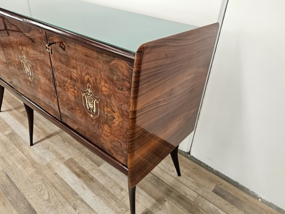 Image 1 of Mid-Century Mahogany Sideboard with Teal Glass and Compartments with Drawers, 1950
