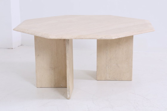 Image 1 of Magnifique table basse vintage en travertin | Table basse du milieu du siècle, table de salon, salon rétro des années 80 #06-44