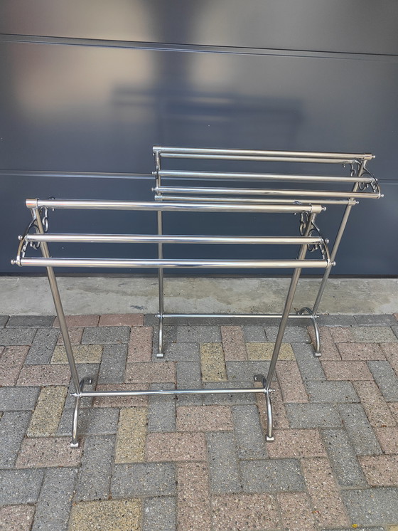 Image 1 of set of two retro standing towel racks, chrome