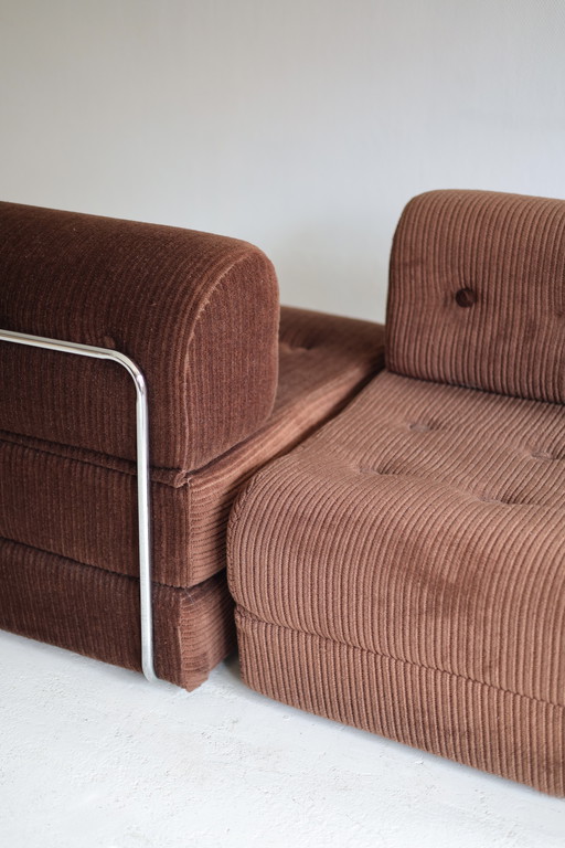 Set of 2 brown ribbed fabric sleeping armchairs, 1970s