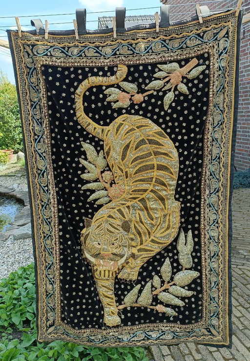 Arazzo vintage KALAGA proveniente dalla Birmania, raffigurante una tigre, 1,50 x 1,00 m