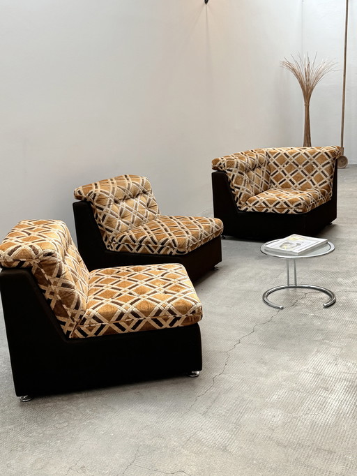 RETRO MODULAR SOFA CHAISELON CHAISELONGUE LAAUSER DESIGN velvet gold brown cream 3 ELEMENTS 1970s