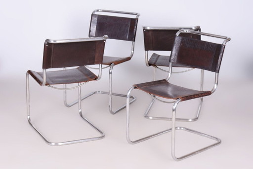 Set van vier originele Bauhaus-stoelen, echt leer, chroom, Duitsland, jaren 1930 – eetkamerstoelen, Leather, Chrome