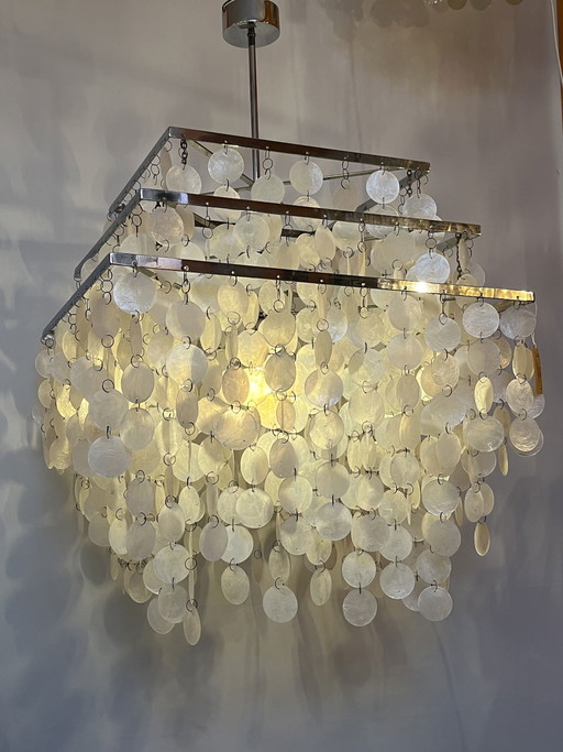 Lampada a sospensione XXL Capiz conchiglie vintage madreperla quadrata cromata 