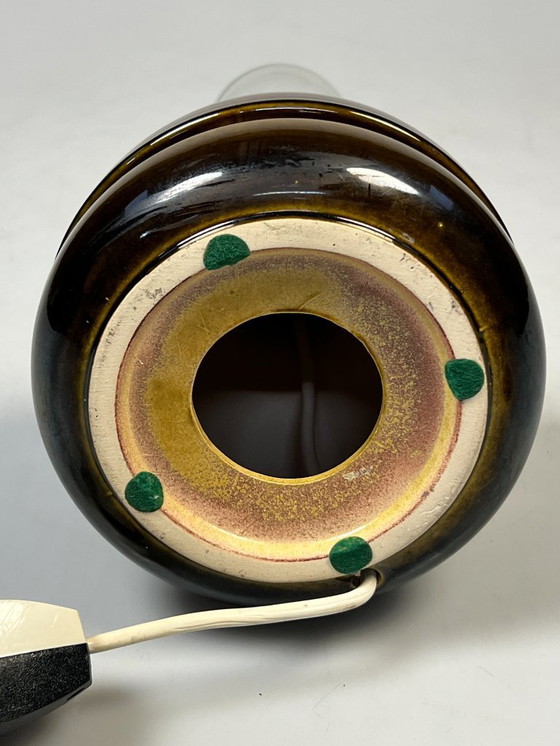 Image 1 of Vintage Earthenware Table Lamp, Green/Brown Ceramic with Wool Shade, Germany 1970s