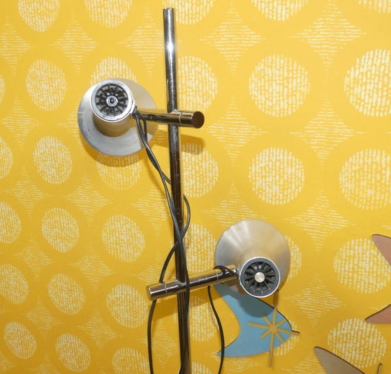 Image 1 of 60s 70s vloerlamp SLZ Swisslamps International metallic zilver 2 lampen zwenkbare vloerlamp sputnik space age panton