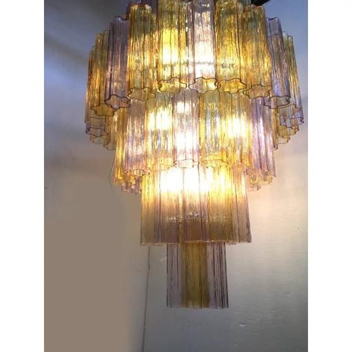 Contemporary Amber and Violet “Tronchi” Murano Style Glass Chandelier