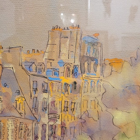 Image 1 of Aquarelle sur papier « Pont Marie, Paris », post-impressionnisme, signée Gilis, 1962 - France