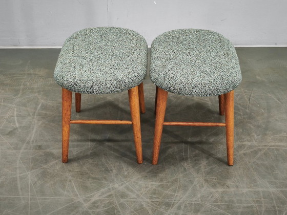 Pair of Mid-Century Modern Oak Stools, Newly Upholstered, 1960s, Textile, Wood, Green, Mid Century Modern (photo 8 of 8)