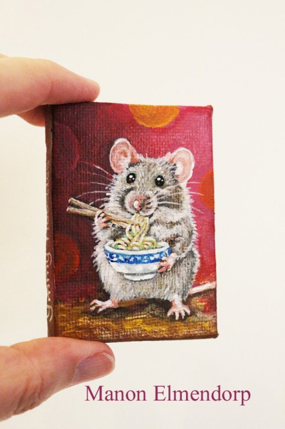 Image 1 of Unique Hand-Painted Little Mouse Painting, Signed