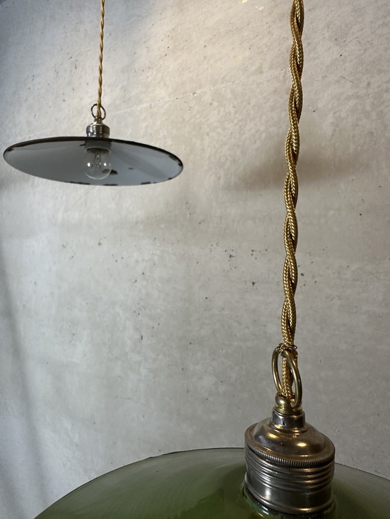 Image 1 of 2X Industrial Pendant Lamps - Green Enamel