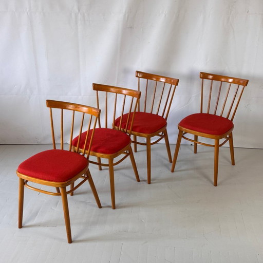 Set of 4 Tatra Nabytok Red Spindle-back Dining Chairs, 1960s