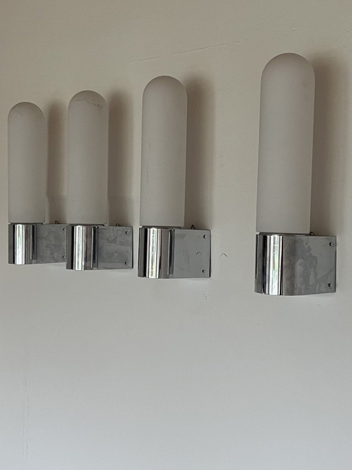 4x Original "Glashütte Limburg 1970s" wall light opal glass chrome Germany!!