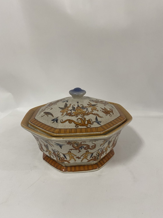 Image 1 of Boîte/soupe vintage en céramique de style chinoiserie avec couvercle