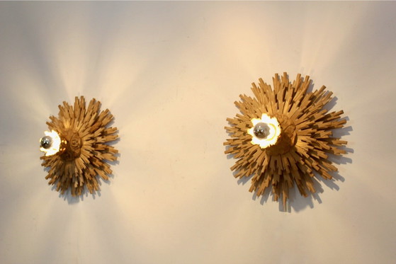 Natural pair of Large Carved Sunburst Wooden Sconces, Wall lights (photo 6 of 10)