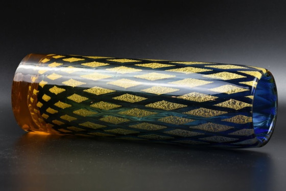 Josef Hospodka vase, Chřibská glassworks, design 1966 – blue/yellow net pattern, 27 cm – Chribska (photo 5 of 8)