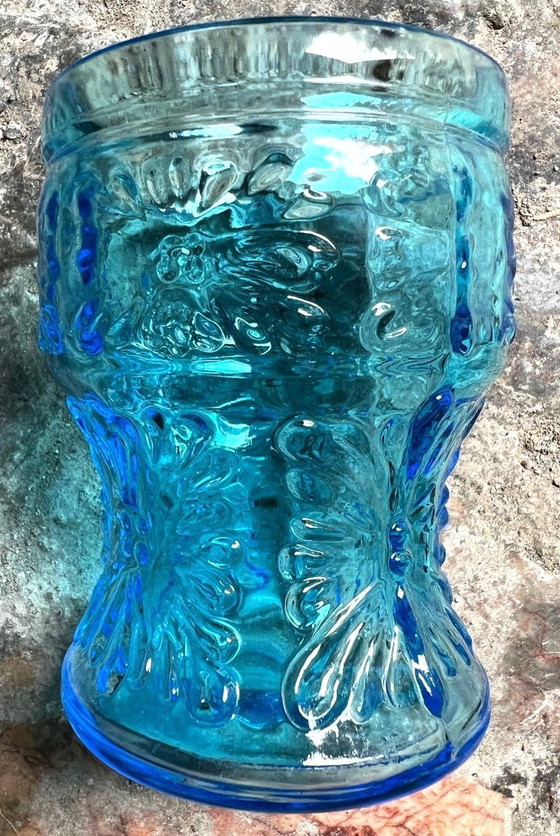 Image 1 of Vintage Fidenza Vetraria Italy kan en 3 blauwe glazen, jaren 50
