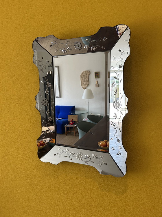 Image 1 of Prachtige Vintage Venetiaanse Spiegel – Geëtst Glas 79x58 cm