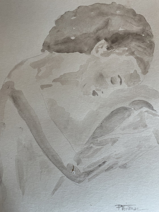 Image 1 of Aquarell Sepia Porträt Frau "Die Denkerin"