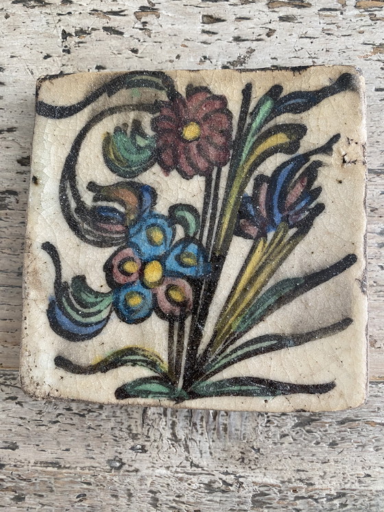 Image 1 of Persian Tiles Qajar Dynasty Floral Motif 10 Pieces