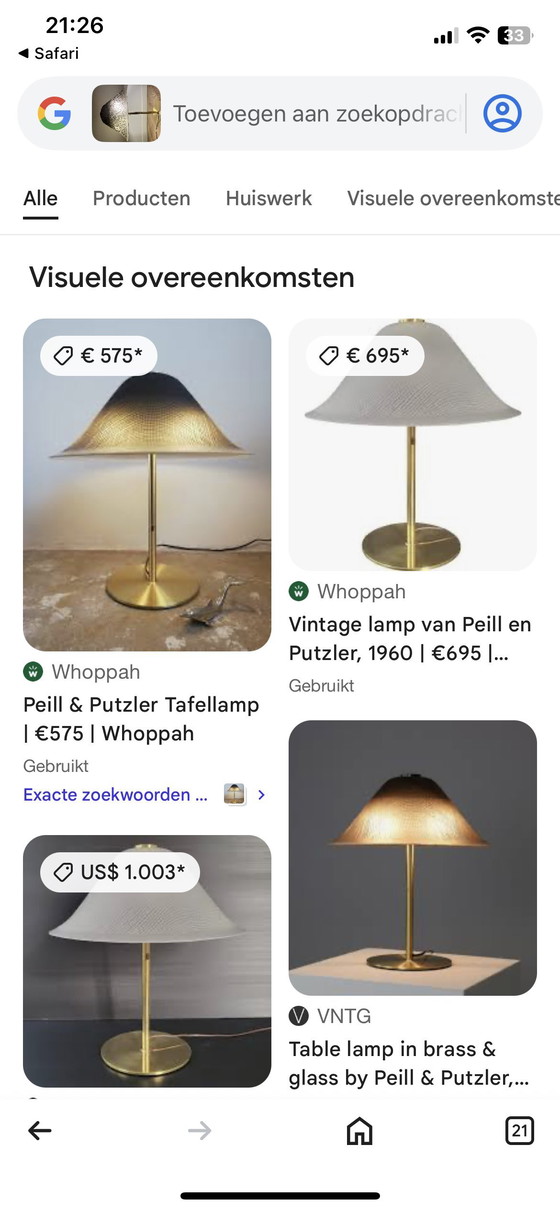 Image 1 of Space age paddestoel messing en glazen tafellamp van Peill & Puzzler 1970s