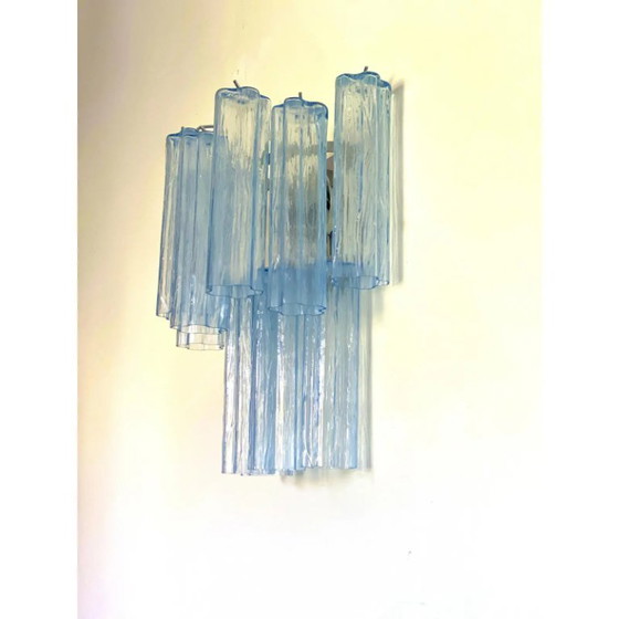Image 1 of Appliques murales contemporaines en verre de Murano bleu clair « Tronchi » de style Venini – la paire